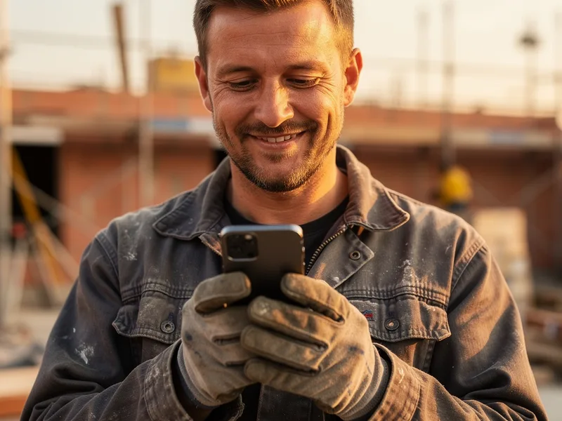 Handwerker liest WhatsApp-Nachricht auf der Baustelle
